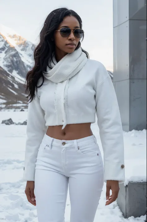 8k, RAW photo, best quality, ultra high resolution, (photorealistic), realistic photo of skinny ebony girl, (slim ebony girl, most beautiful ebony girl in the world, slim face, dark skin, black hair, long curly hair), in the arctic mountains, arctic glacie...