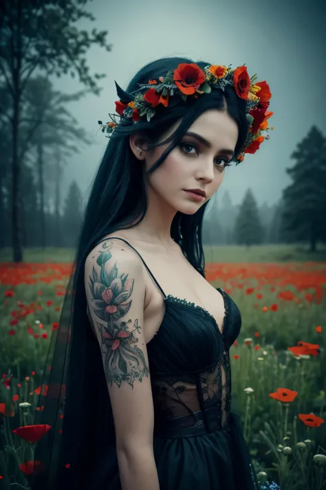 8K, ARTISTIC photogrAphy, best quAlity, mAsterpiece: 1.2), A (potrAit:1.2) Tim Burtons Corpse Bride style Diseny Toon Doll, in a field of flowers poppies with red petals , full body RAW candid cinema, 16mm, color graded portra 400 film, remarkable color, u...