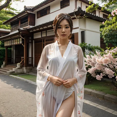 A beautiful Singaporean woman with nice blossom, wearing elegant see thru  kimono. Very realistic.