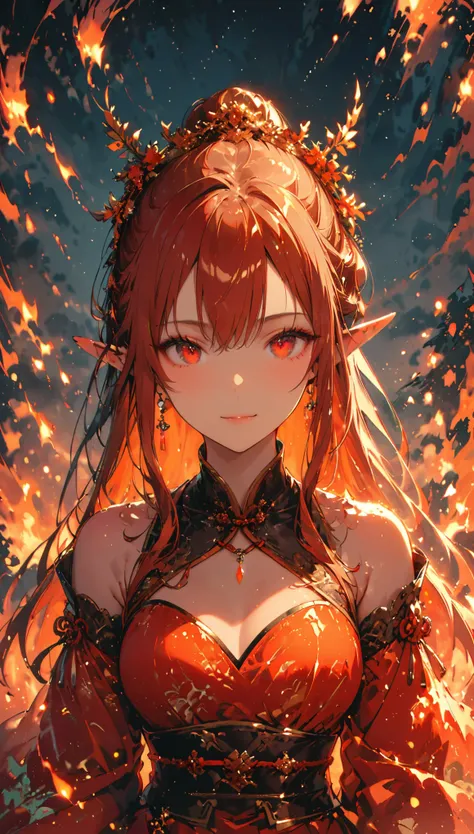 ((half body Portrait of a fire elf)), red flowing hair, shiny red eyes,( medium length pointy ears),orange fire around, flaming theme, burning atmosphere, (detailed sexy Chinese style costume:1.2), red glowing tattoos, orange crystal jewelry, light smile, ...