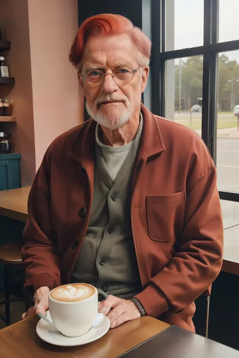 Sowell Bay, Washington, 2023. An old ((((65-year-old)) Ethan Mack)), scottish man, working in a coffee shop, ((blushing, ashamed expression)). ((((clothings from the 2020s)))), ((redhead hairstyle of the 2020s))