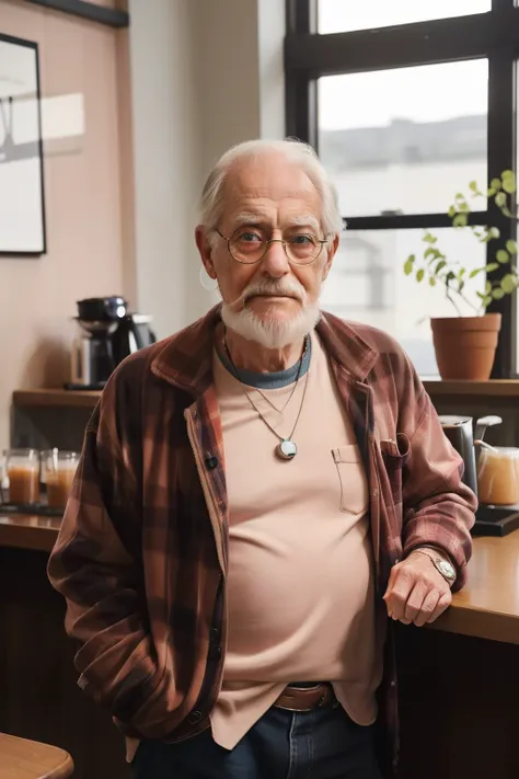 Sowell Bay, Washington, 2023. An old ((((65-year-old)) Ethan Mack)), scottish man, working in a coffee shop, ((blushing, ashamed expression)). ((((clothings from the 2020s)))), ((hairstyle of the 2020s, with hints of red))