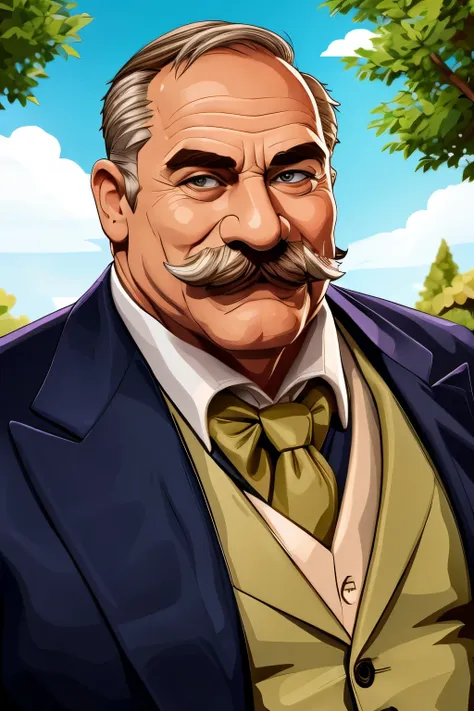 portrait, muscular old man in park, mustache no beard, happy, summer, suits, vector, mwvector