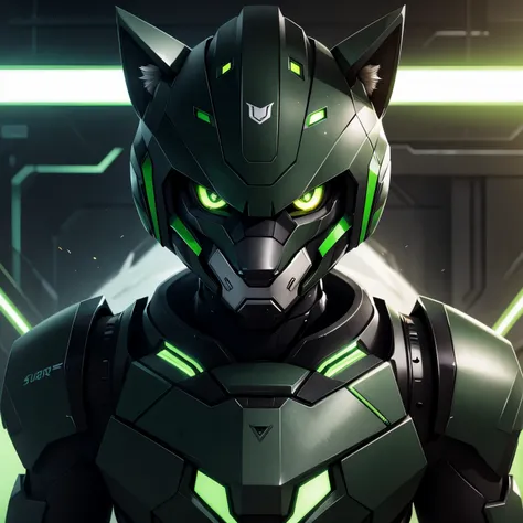 robot green black stripes wolf green eyes