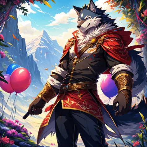 furry, male, anthro, (Wolf Tail), Solo, (Realistic eye details:1.2), (beautiful detailed eyes), anime character there is a Wolf man, Mountain View background, in the mountains, brightly colored balloons and balloons are flying in the air, overgrown with sh...