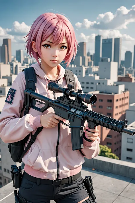 amazing quality, masterpiece, best quality, hyper detailed, ultra detailed, UHD, depth of field, anime style, 1girl, solo, solo focus, holding and aiming sniper rifle, determined expression, high school student, short pink hair, urban rooftop setting, smog...