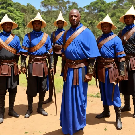 Um homem de pele clara, com 4 olhos negros e pupilas vermelhas, possui uma armadura negra e uns detalhes vermelhos. Four arms each holding an object, which in this case are: a spear, um rifle, uma espada/katana e um machado viking