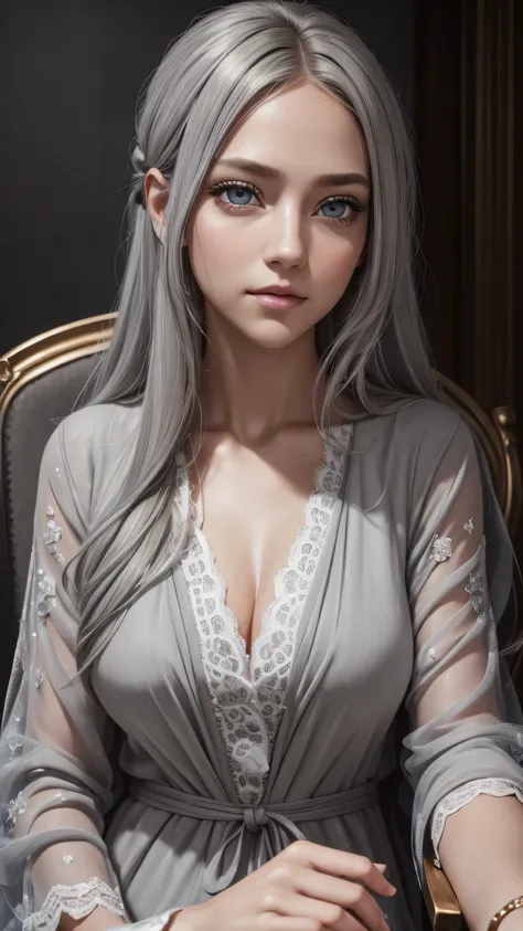 Extra Close-up to the face,a beautiful blonde hair woman, solo, beautiful face, high detailed realistic eyes, (((((deep grey eyes color)))), double eyelids, high detailed realistic pupils,sitting alone on a long chair,best quality, masterpiece, high resolu...