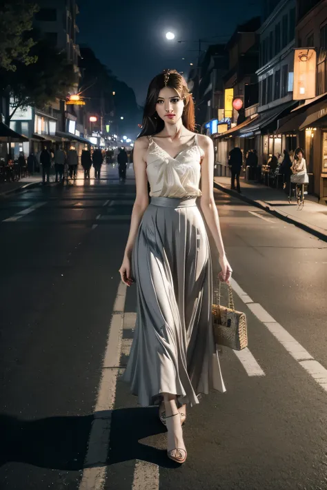 night，On the bustling street，Moonlight on the road，Elegant and intellectual lady in long skirt walking，panoramic，8K