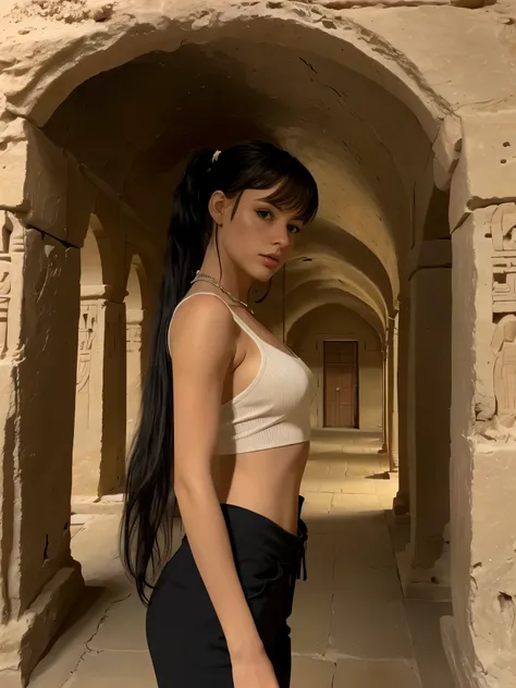 Full body wide angle shot, beautiful young explorer, langes schwarzes Haar zu einem Pferdeschwanz gebunden, bangs, Eine Sonnenbrille tragen, wearing a Tomb Raider outfit, in an ancient Egyptian tomb.