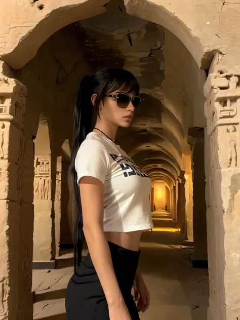 Full body wide angle shot, beautiful young explorer, langes schwarzes Haar zu einem Pferdeschwanz gebunden, bangs, Eine Sonnenbrille tragen, wearing a Tomb Raider outfit, in an ancient Egyptian tomb.