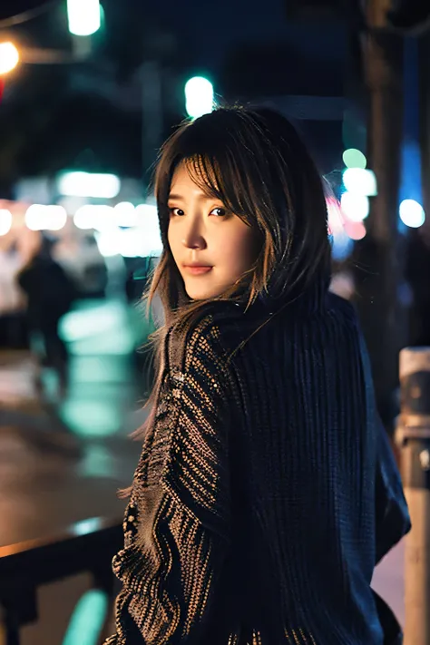 Top quality, 1 beautiful woman, medium Hair, Cable-knit-sweater, upper body, at street Midnight From Behind Gazing-into-the-Distance