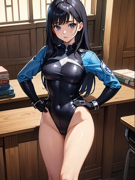 masterpiece, best quality, hyper detailed, ultra detailed, 1girl, solo, solo focus, library room, high school girl, superhero, blue and white leotard, black hair, bare legs, boots, matching gloves, heroic, hand on hip, standing, solo, single