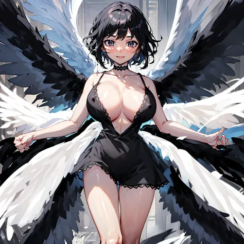 (1 seraphim girl standing on peak of frozen snowy mountain) higher than overcast, blowing frozen wind, (solo), swinging back, multiple wings, (she has 12 wings on her back), (6 white wings:1.5) and (6 black wings:1.5), BREAK, (wearing nothing without a lac...