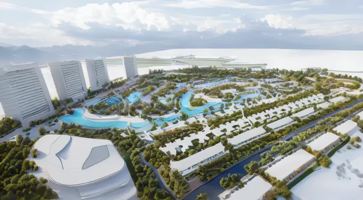 rendering of a resort complex with a swimming pool and a beach, sun coast, mixed development, tropical coastal city, port city, ...