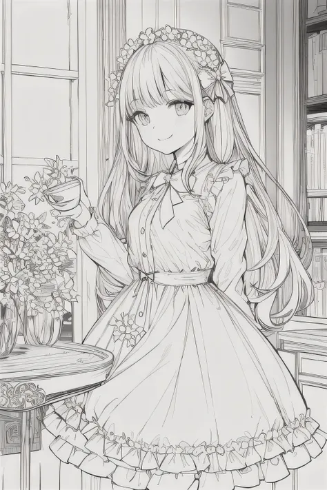 masterpiece, best quality, 1girl, solo, long_hair, looking_at_viewer, smile, bangs, skirt, shirt, long_sleeves,  dress, bow, holding, closed_mouth, flower, frills, holding coffee cup lineart, monochrome, 