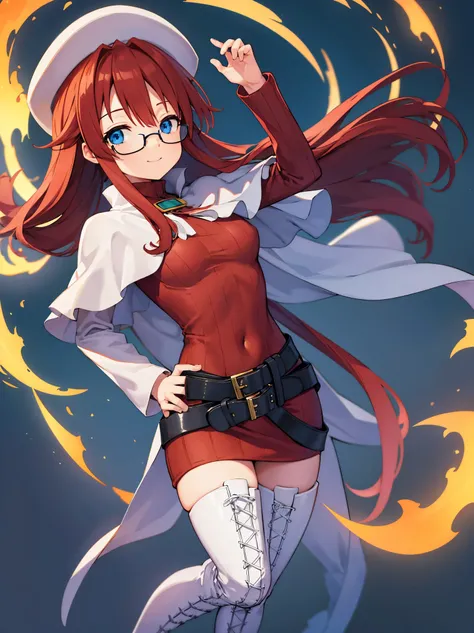 summonnightaty, aty, long hair, blue eyes, red hair, beret, hat, glasses,
BREAK long hair, thighhighs, hat, dress, boots, glasses, belt, cape, sweater, zettai ryouiki, beret, thigh boots, white footwear, ribbed sweater, loose belt,solo,
BREAK outdoors, fan...