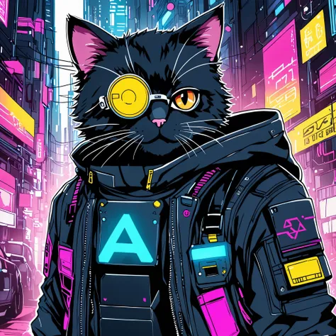 Crie uma estampa pra camista, gatinho fofo cyberpunk, aquarela, Vetor flet 2D , ultra detalhado,ultra SVG , estilo anime