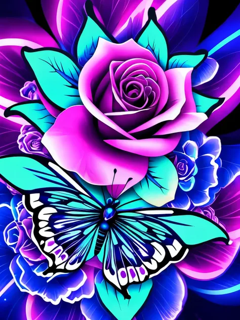 a purple rose with a butterfly on it surrounded by flowers, glowing neon flowers, glowing delicate flower, beautiful!!! digital art, glowing flowers, magical flowers, glowing blue, neon flowers, neon light and fantasy, blue rose, luminous flowers, beautifu...