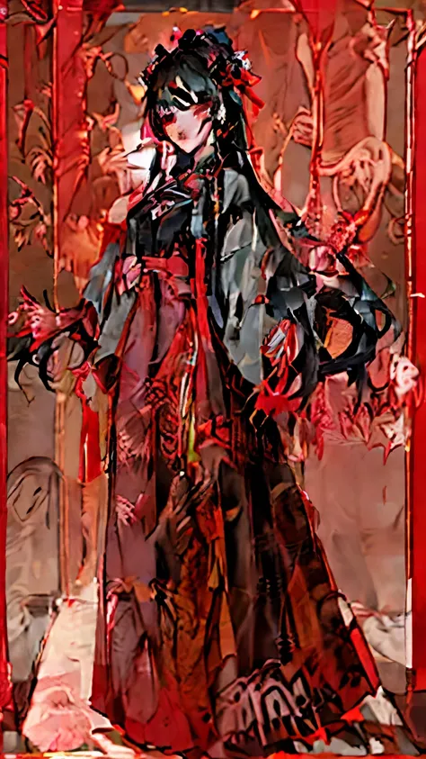 Beautiful young woman. Has long black hair. Red eyes. wearing a hanfu and accessories on the head that are identical in red. standing holding red flowers 