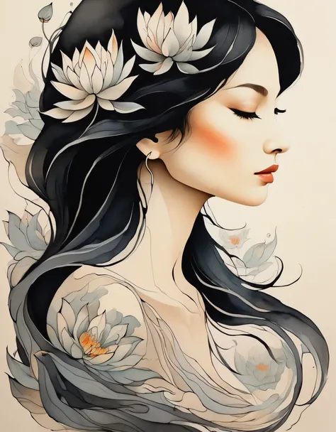 in style of Chris Ofili, ink art, side view   ，modern minimalist art，（Close-up of a woman with lotus tattoo on her neck）,This woman has a delicate and charming face，long black hair，（Clear lotus tattoo on neck：1.3），Flowing hair vignette，fair face，Foxy, slen...