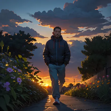 40 year old man with short hair walking with his hands in his pants pockets, over a garden at sunset, cielo nublado, Cold weather