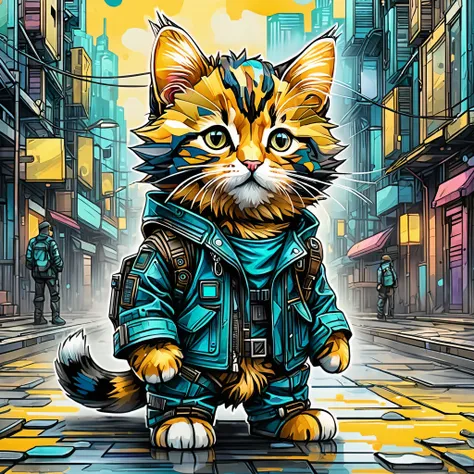 Crie uma estampa pra camista, gatinho fofo cyberpunk, aquarela, Vetor flet 2D , ultra detalhado,ultra SVG , estilo pintura van Gogh 