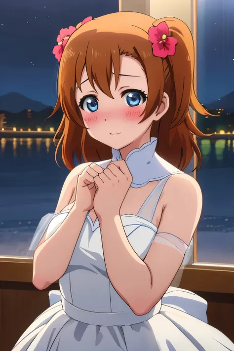 upper body, kousaka honoka, blue eyes, wedding dress,in party, night, blushing , hair ornaments