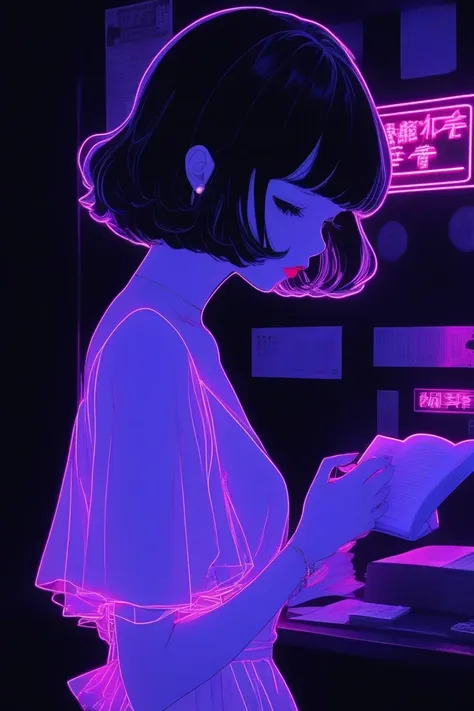 (better quality, outline:1.2),realist,illustrator,Japanese cartoons,1 girl, delicate lips, Preloaded Dress 8,custom, (Monochrome dark background),neon hair,Texture cutting, obra de until, Retro Style, Black Dark, until, outline book, (black bob hair:1.75 n...