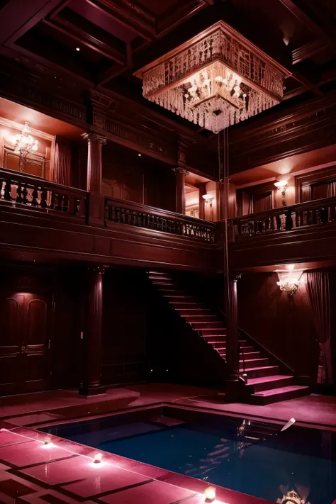 A huge expensive luxury brothel with a high ceiling, extravagant furniture, small stripper stages, large beds with pink silk bedding, a staircase, an atrium, a sex swing, a jacuzzi, a sunken pink Jello pit, erotic art, and mood lighting.