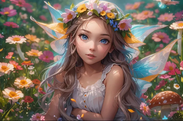 (best quality,4k,8k,highres,masterpiece:1.2),ultra-detailed,(realistic,photorealistic,photo-realistic:1.37),little elf,in a flower field,surrounded by fairies and points of light,flying petals, magical atmosphere,enchanting,mushrooms, vibrant colors,soft s...