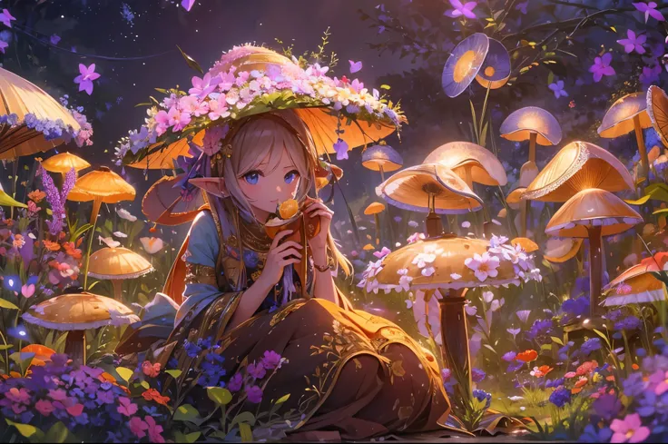 (best quality,4k,8k,highres,masterpiece:1.2),ultra-detailed,(realistic,photorealistic,photo-realistic:1.37),little elf,in a flower field,surrounded by fairies and points of light,flying petals, magical atmosphere,enchanting,mushrooms, vibrant colors,soft s...