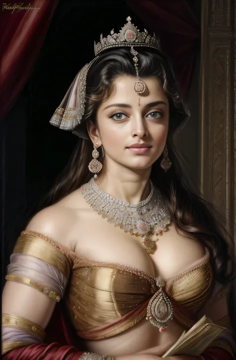 Best quality, highly detailed, masterpiece, Indian princess, Rajkanya, royal clothes, Masterpiece, extremely gorgeous woman, matchless Beauty, portrait, Peter Paul Rubens style, Woman, off shoulder bandeau crop blouse, beautifully styled hair, fluffy style...