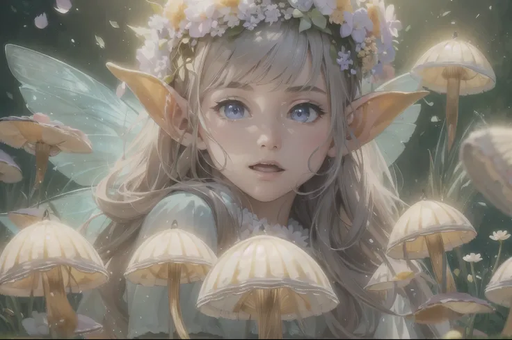 (best quality,4k,8k,highres,masterpiece:1.2),ultra-detailed,(realistic,photorealistic,photo-realistic:1.37),little elf,in a flower field,surrounded by fairies and points of light,flying petals, magical atmosphere,enchanting,mushrooms, vibrant colors,soft s...