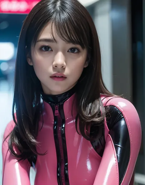 (She wears a tight-fitting all-pink wetsuit made from ultra-glossy rubber.)