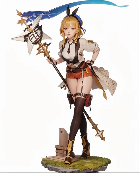 Yellow hair，Black eyes，White clothes，Brown vest，Yellow cloth coat，Brown belt，Waist whip，red shorts，Brown boots to thigh，green hair accessories，White berets，Holding a star staff，There is a long blue flag on the staff，girl，Realistic style，