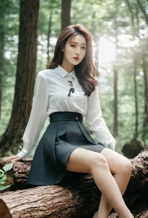 ((best quality)), ((masterpiece)), (detailed), perfect face, Arapé woman sitting on a log in the forest, korean beauty, thighs and skirt, different actions, stockings,