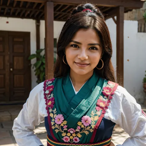 Genera una imagen de un personaje llamado Lupita Sar. This character is a community leader in a Mexican town, conocido por su elocuencia y sarcasmo. Tiene una apariencia accesible y amigable, con una sonrisa segura y expresiva. Sus ojos son vivaces y refle...