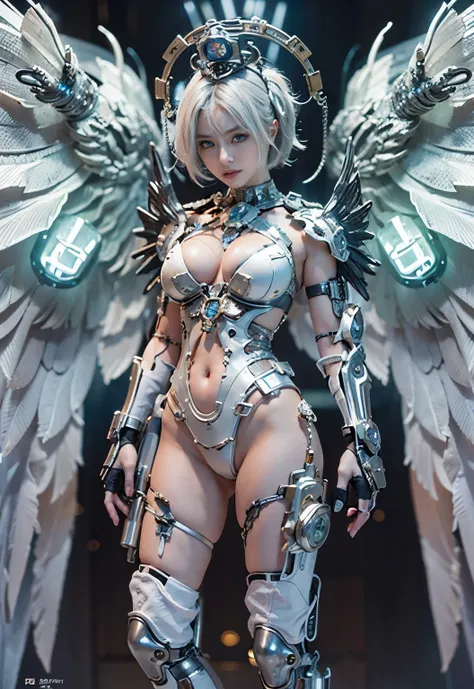 top-quality、​masterpiece、超A high resolution、(Photorealsitic:1.4)、Raw photo、Steampunk Battle Cyborg Angel、large wings made of metal、White porcelain body、Acrylic Clear Cover、white  hair、glowy skin、1 Cyborg Girl、((super realistic details))、portlate、globalillu...