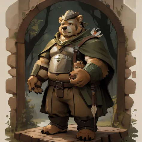 New Jersey 5 Hairy, Bear，Full body portrait of an individual, male,exquisite， chubby，thick arms，plush fur，front，stand，Feather hat，green cloak，Leather breastplate，Archer，Pants，Hand-held wooden longbow，Carrying a quiver，calm