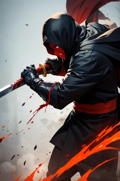 foody 1 ninja with eating food , samurai kimono, hardened veins, sword, blood, dark scene, nature, from side, photoreal painting