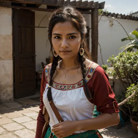 Genera una imagen de un personaje llamado Lupita Sar. This character is a community leader in a Mexican town, conocido por su elocuencia y sarcasmo. Tiene una apariencia accesible y amigable, con una sonrisa segura y expresiva. Sus ojos son vivaces y refle...