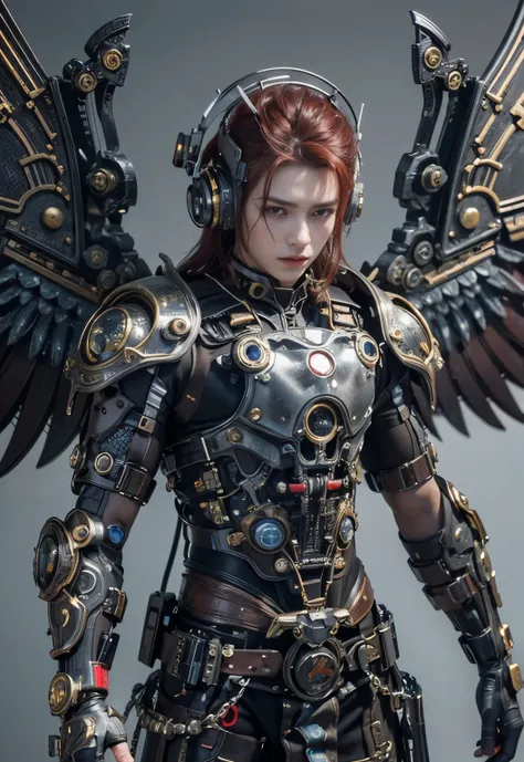 (top-quality:1.2, masterpiece)、ultra high resolution、extremely ultra surrealism, (Photorealsitic:1.4)、Raw photo、Steampunk Battle Cyborg fallen angel、large wings made of metal、black porcelain body、red  hair、glowy skin、1 Cyborg boy、japanese, extremely handso...