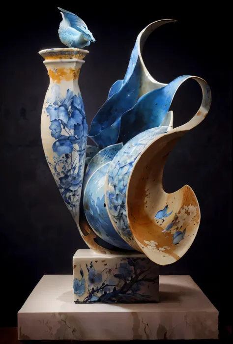 il y a un vase bleu et blanc avec un oiseau dessus, Sculpture en porcelaine, glazed ceramic, Exuberant, organiques, Elegant,, par Wen Boren, contemporary ceramics, par Ma Lin, inspired by Carpoforo Tencalla, par Mandy Jurgens, par Li Zai, conception magnif...