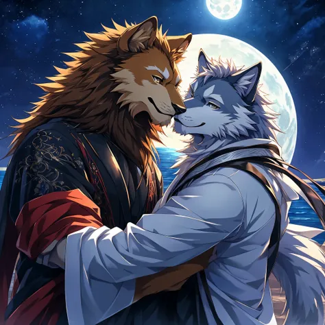 furry, male, anthro, (Realistic eye details:1.2), (beautiful detailed eyes), anime character there is a Two male are having romantic by the sea, The first Lion,completely orange fur, Hair coiled, (Realistic eye detail),Wear a white suit to look neat.,A Wol...