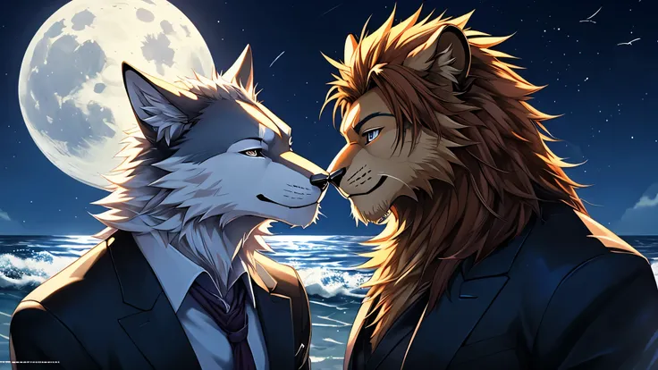 furry, male, anthro, (Realistic eye details:1.2), (beautiful detailed eyes), anime character there is a Two male are having romantic by the sea, The first Lion,completely orange fur, Hair coiled, (Realistic eye detail),Wear a white suit to look neat.,A Wol...