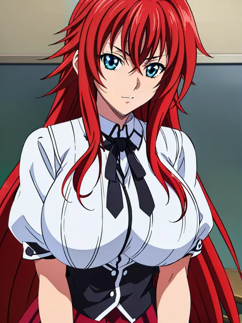 black cape, black neckwear, white shirt, short sleeves, red pleated skirt, sailor collar, classroom background, rias gremory, an...