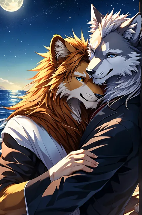 furry, male, anthro, (Realistic eye details:1.2), (beautiful detailed eyes), anime character there is a Two male are having romantic by the sea, The first Lion,completely orange fur, Hair coiled, (Realistic eye detail),Wear a white suit to look neat.,A Wol...