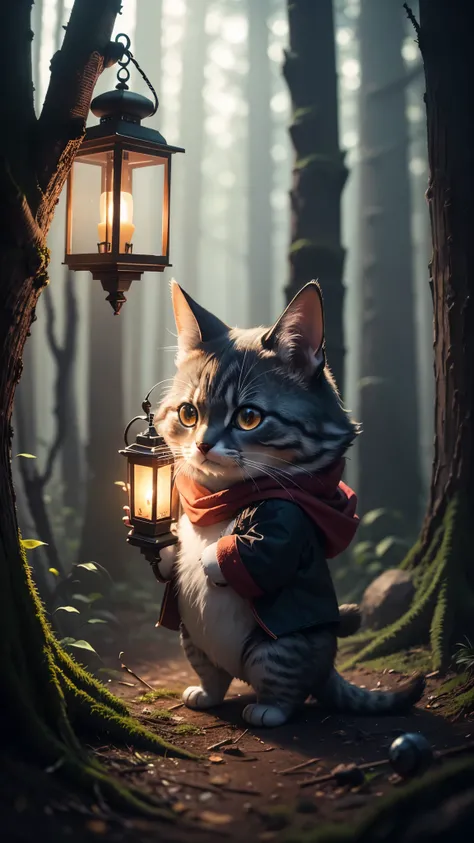 there is a small stuffed animal holding a lantern in the forest, arte conceptual oscuro fotorrealista, little character. Motor irreal 5, gorgeous 3D rendering, en un bosque espeluznante, renderizado hiperrealista de aventuras, renderizado de arte digital, ...