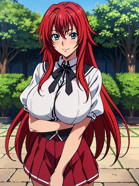 very tempting pose, Black cape, Black neckwear, white shirt, short sleeves, red pleated skirt, sailor coll, garden background, Rias Gremory, anime cels style, best quality, high resolution, 1girl, (huge breasts:1.2), beautiful face, Red hair,Very long hair...